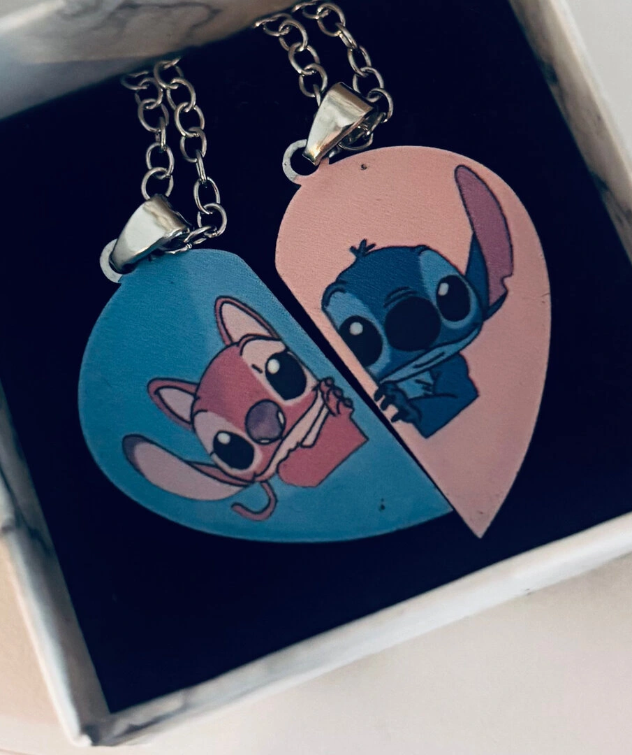 Collier d'amitié Stitch & Angel bleu & rose